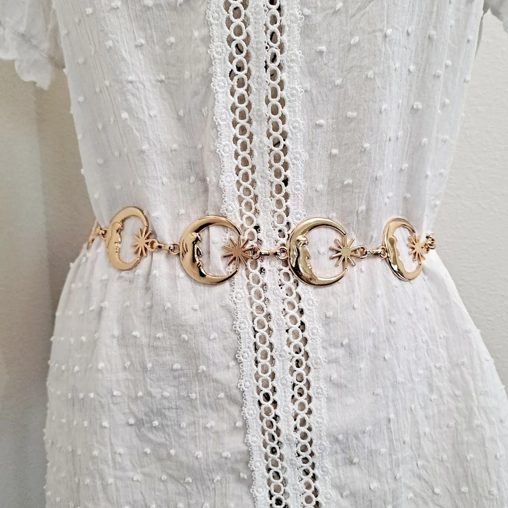 Womens Boho Gold metallic Moon Star whimsigoth celestial waist chain disco belt - Picture 6 of 9